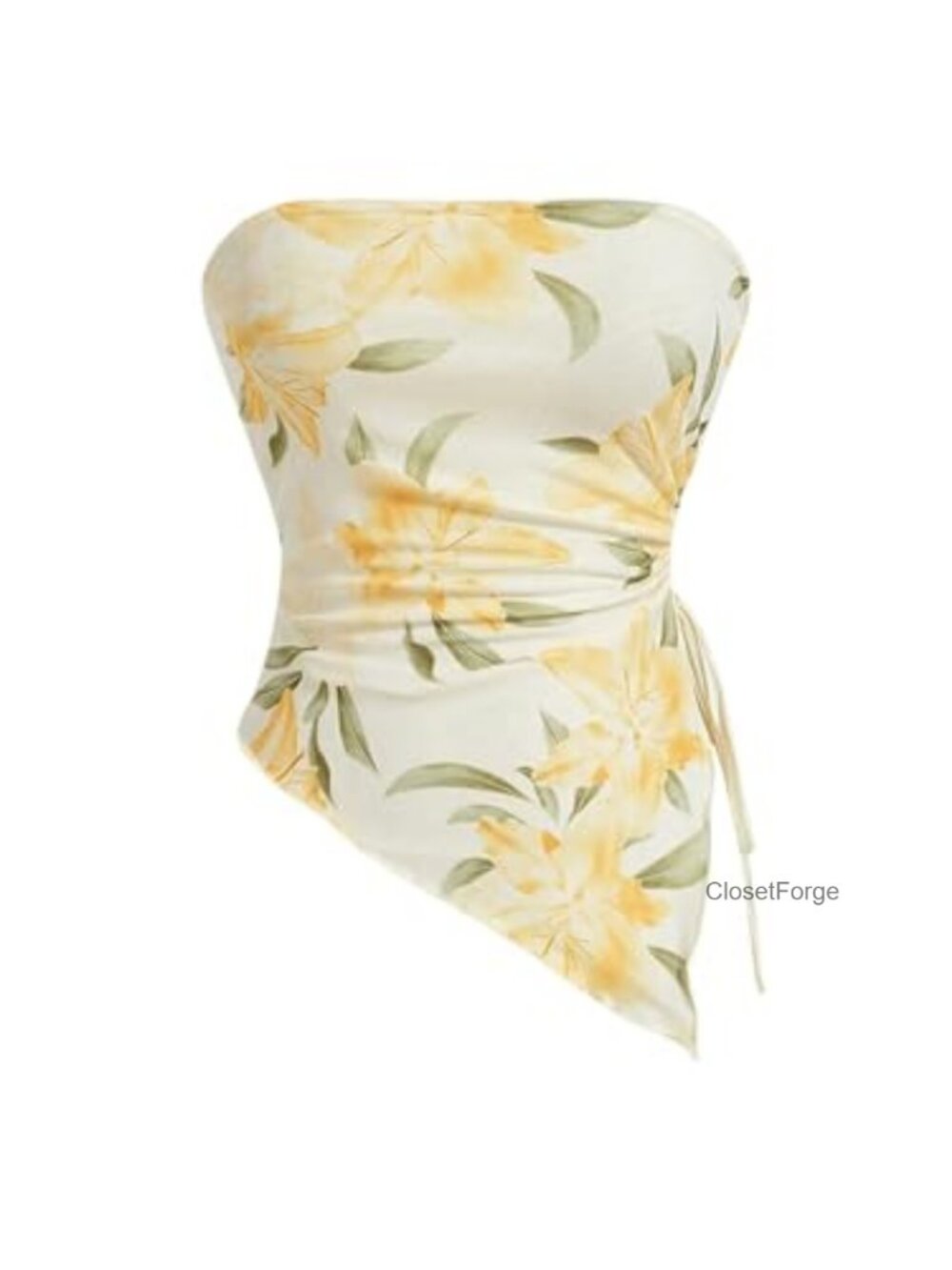 WDIRARA Floral Strapless Ruched Asymmetrical Hem Tube Top